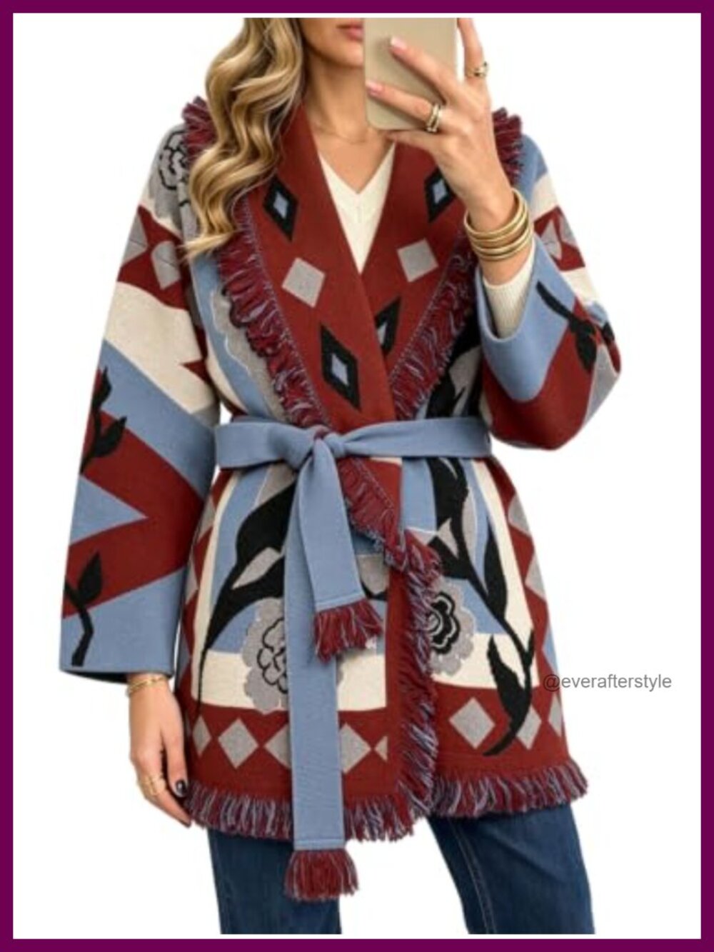 Boho Floral Belted Cardigan Fringe Trim Open Front Sweater Coat